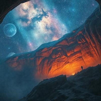 The primary subject of the image is a person standing in front of a large rock formation, which appears to be a cave. The setting is a rocky landscape with a starry night sky in the background. The visual style is a combination of photo and digital art, creating a surreal and dramatic atmosphere. The dominant colors are shades of blue, black, and orange, with the starry night sky adding a sense of depth and mystery to the scene.